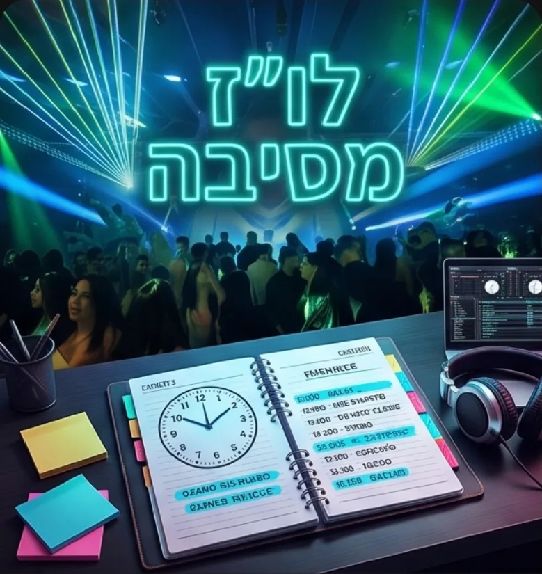 פנקס תכנון לו"ז אירוע עם קונסולת DJ ואוזניות ברקע רחבת ריקודים, וכיתוב ניאון "לו"ז מסיבה"